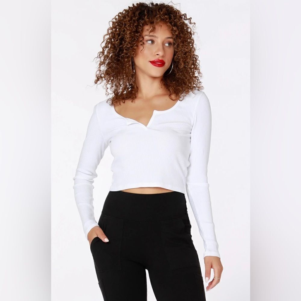 Bobi White Split Neck Long Sleeve Ribbed Crop Top Size S